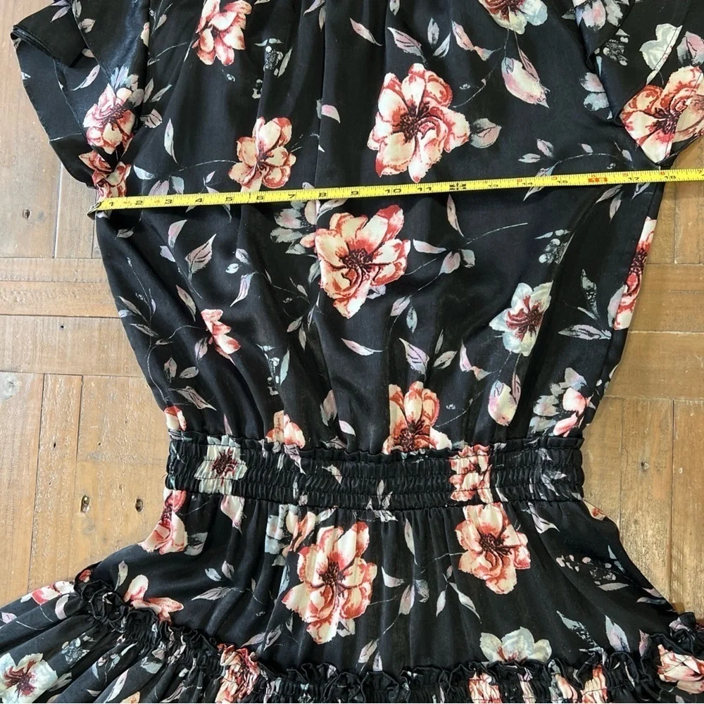 Misa Los Angeles Cecelia Black Floral Mini Dress Small Ruched V-neck Feminine